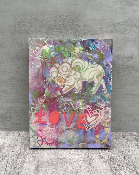 The Bison of Love – Colorful modern art buffalo painting, acrylic and spray paint – layers of pattern, expressive style