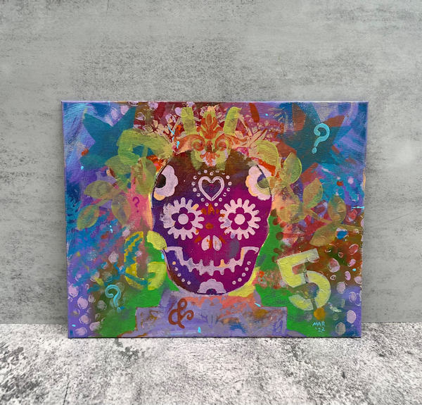 Five Good Questions For The Dead – Sugar skull – original expressive art – colorful acrylic painting