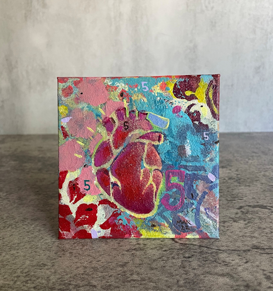 Heart Math – Colorful original art, anatomical heart, acrylic and spray paint on canvas
