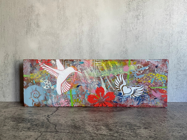Him – Original painting, acrylic and spray paint – hummingbird, flower, winged heart, nautilus