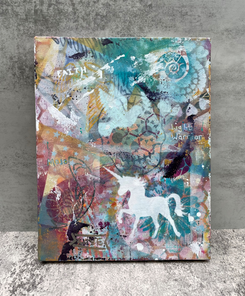I Got Mojo – Unicorn art, dove, skull, shark, shell, crawdad, love, faith, light warrior painting