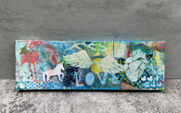 Long Love Story – Fun colorful modern art, graffiti outsider style – Unicorn, Angel wings, anatomical heart