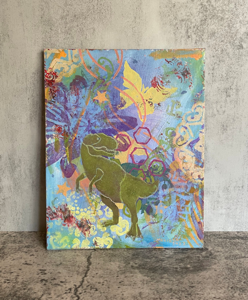 Before Us – Expressive modern art featuring dinosaur and butterfly, colorful grunge outsider style