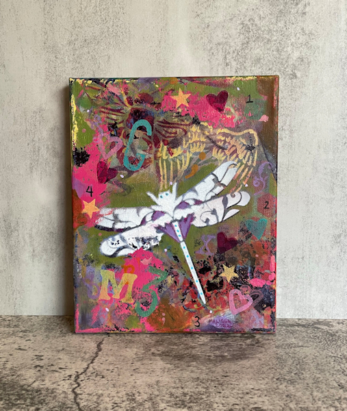 Give it Time – Original painting, contemporary art – Dragonfly, bee, Angel wings, hearts – outsider style