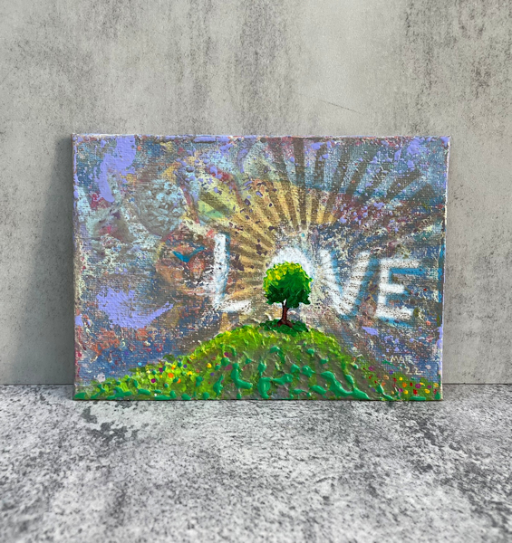 Holy Love Spring Hill – Original colorful modern symbolic landscape painting, tree on a hill, textured canvas panel