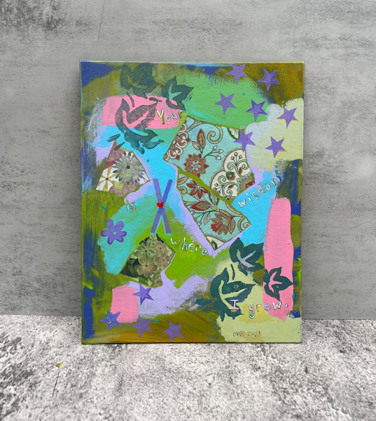 How I Grow – modern art painting, original contemporary decoupage and acrylic piece about growth