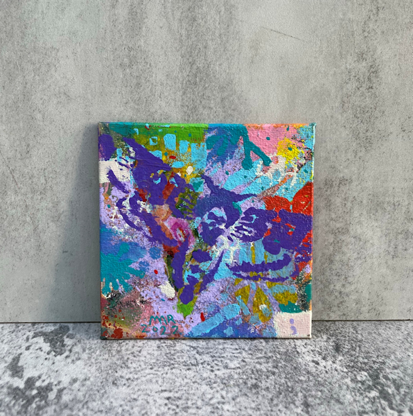 Moth – Original art, colorful fun expressive modern painting – grunge brut outsider style, small canvas panel