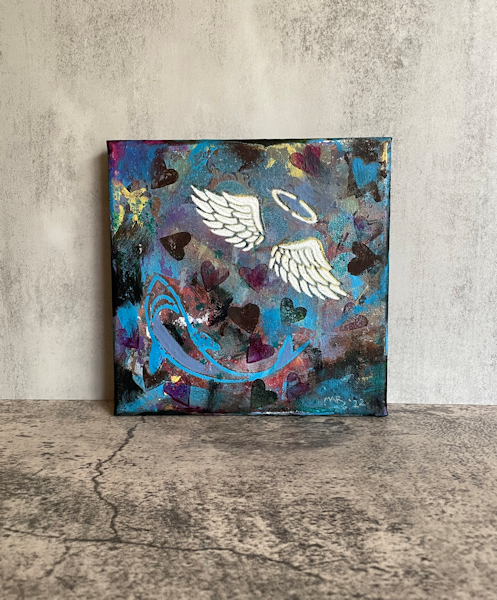 They Both Scare Us – Original art, Angel wings and shark, modern expressive painting, grunge brut style, stencil spray paint art