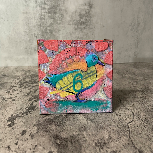 Bird 6 – Cute mini art, small painting on canvas panel, colorful bird with the number 6 and radiating hearts