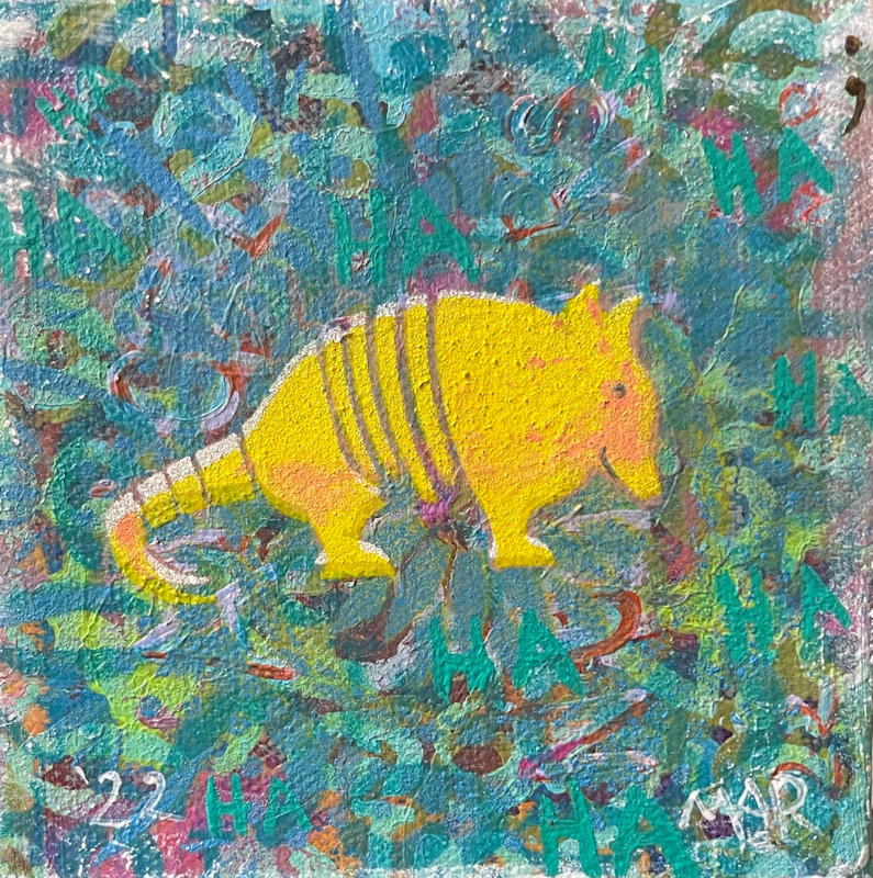 Embarassed armadillo painting, cute original outsider canvas