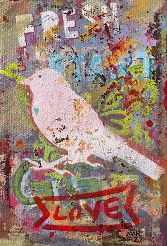 Spring love bird painting - outsider art style - spray paint and acrylic on canvas