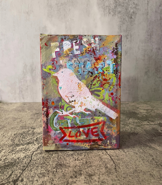 Every Spring – Fresh Start bird – colorful abstract outsider art about love, layers of patterns, texture