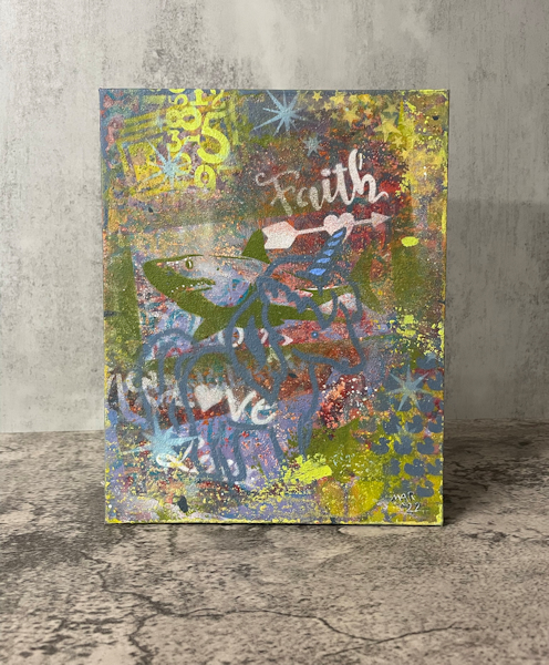 Faith in Sharks and Unicorns – Fun layered graffiti art on canvas – stencil folk art expressive and colorful
