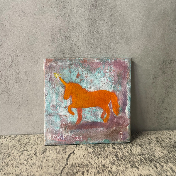 Fancy Horse – Cute little orange unicorn, tiny art painting, pretty modern art, stencil and spray paint and acrylic