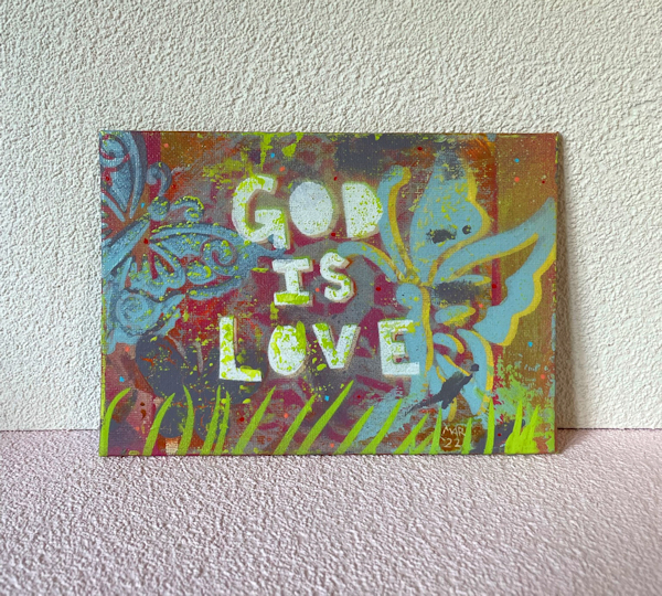 God is Love Butterflies – Hopeful contemporary graffiti art on canvas, stencils, spray paint and acrylic