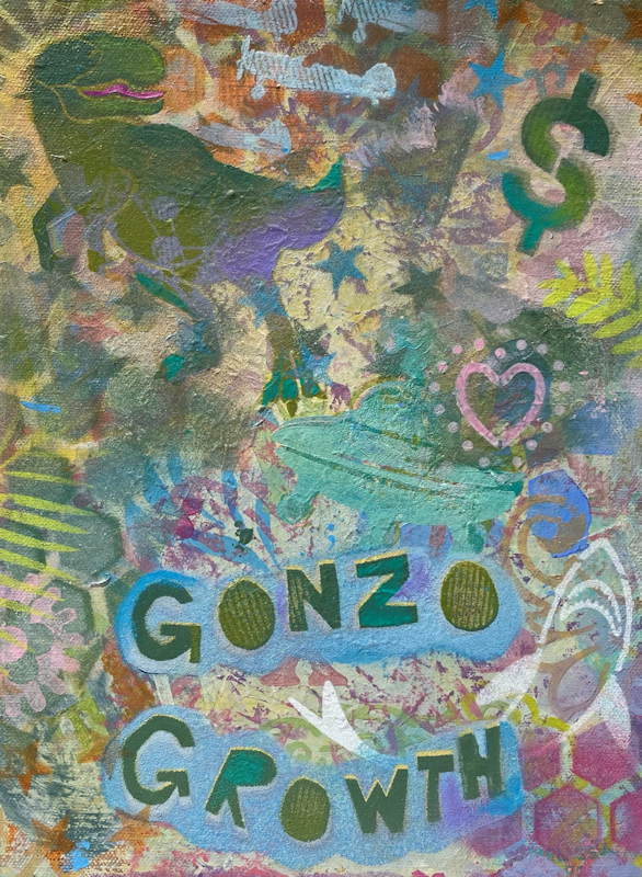 Gonzo Growth - original painting, t-rex, space ship, shark, money