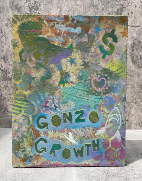 Gonzo Growth – T-rex dinosaur, airplane, shark, dollar sign, space ship, heart, stars, words