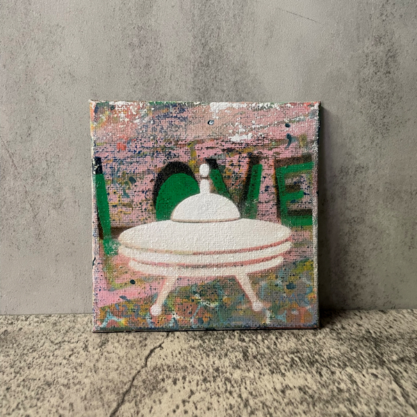 Love Saucer – Fun grunge art outsider painting – flying saucer spaceship of love, spray paint and acrylic on canvas panel