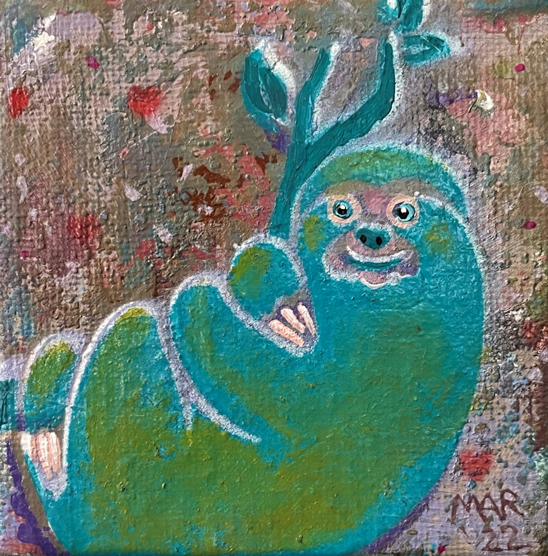Cute sloth painting, fun original art, teal sloth in tree