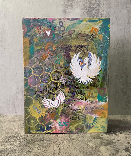 Rise Up, Broken One – Phoenix bird rising up colorful outsider painting, modern grunge art, layered patterns