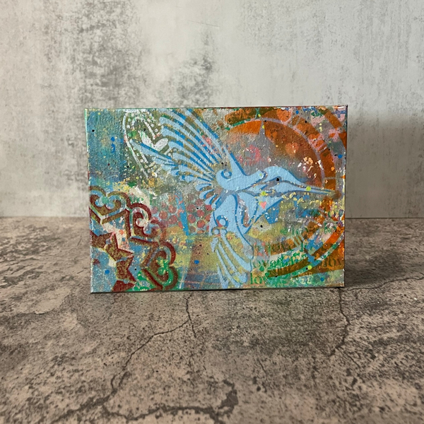 She Stopped Time for Love – Beautiful hummingbird outsider art expressive spray paint and acrylic piece