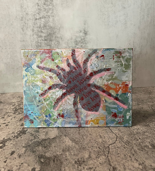 Web Spinner – Spider of love – colorful fun outsider art tarantula painting, stencils, spray paint, acrylic